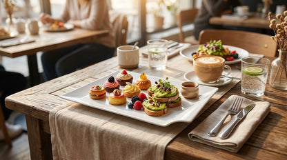 A white rectangular platter filled with assorted pastries, avocado toast, and small desserts sits on a rustic wooden table in a cozy cafe setting. The table is styled with a beige table runner, a folded napkin with silverware, glasses of water, and a latte.
