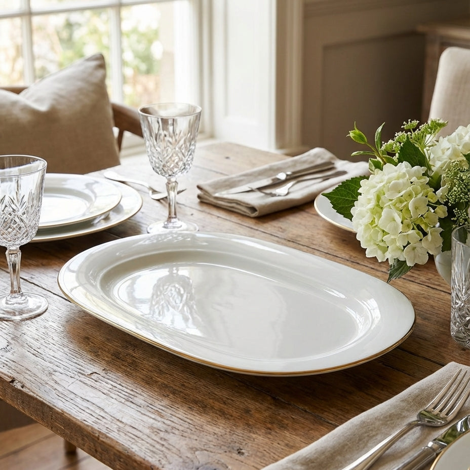 Dining table set with white plates, glasses, and silverware on a wooden surface.