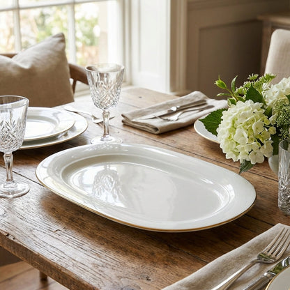 Dining table set with white plates, glasses, and silverware on a wooden surface.