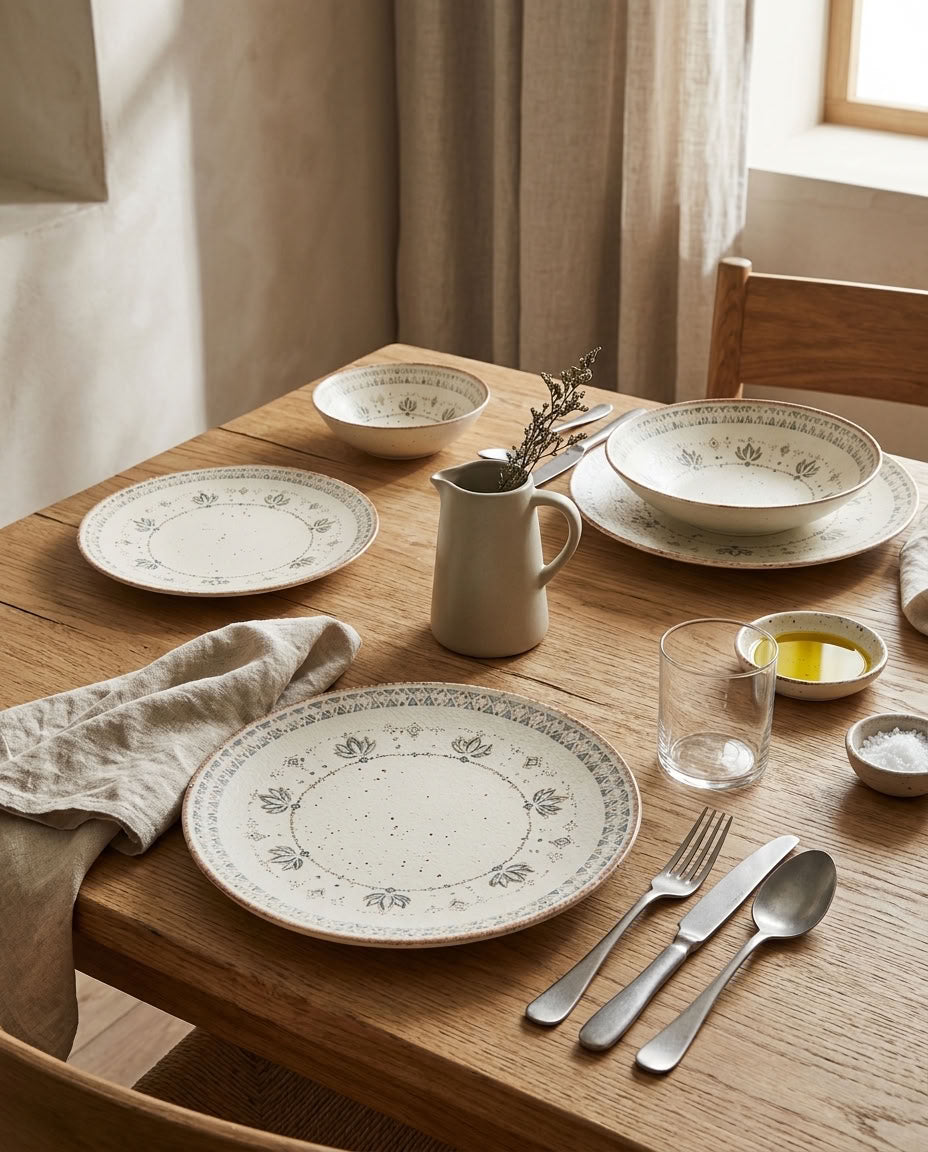 Botanical pattern and ivory finish on porcelain plates