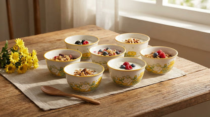 Set of small bowls with snacks on a wooden table with a window in the background