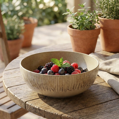 Bowl of berries on a wooden table with potted plants in the background