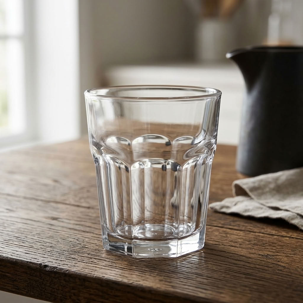 Close-up of a clear faceted 250 ml drinking glass