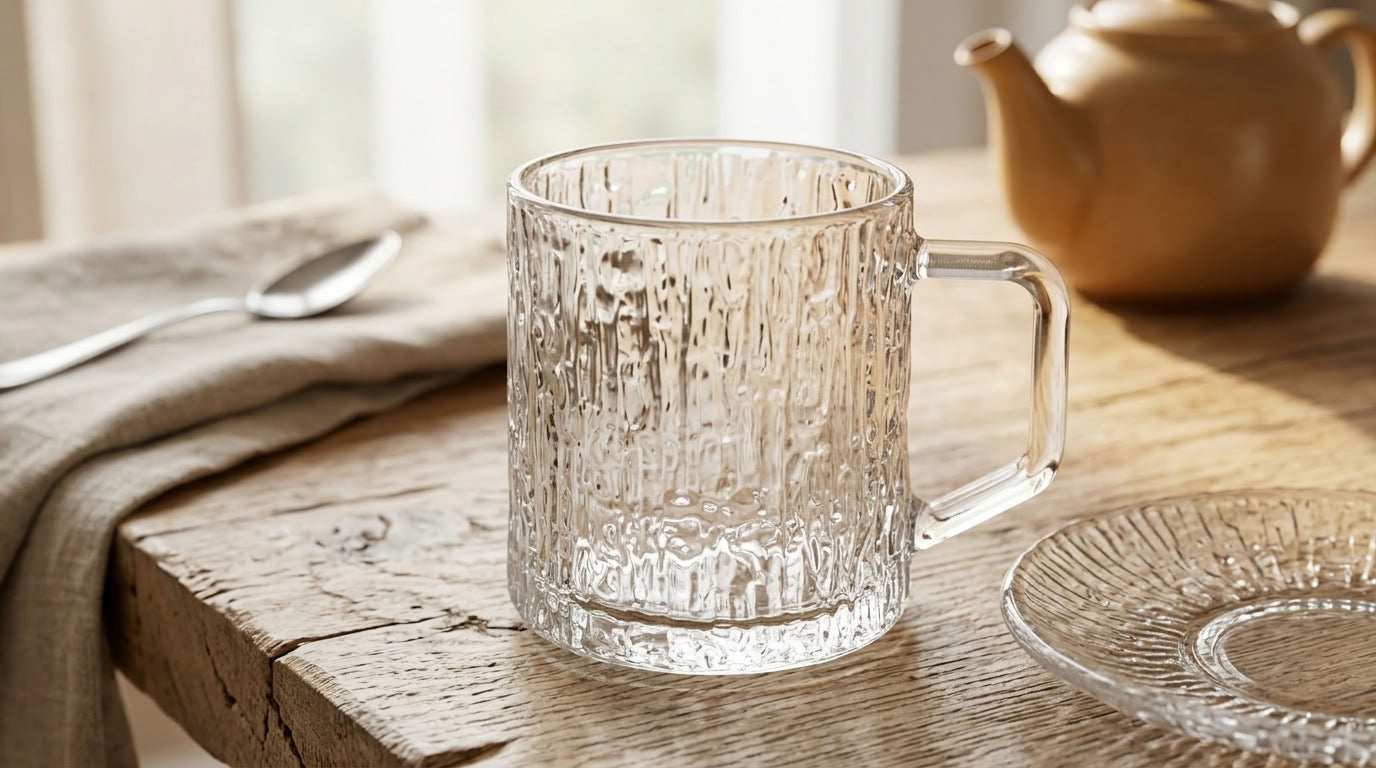 Rainfall Glass Mug – 355ml Set of 6 | Modern Clear Drinking Mugs
