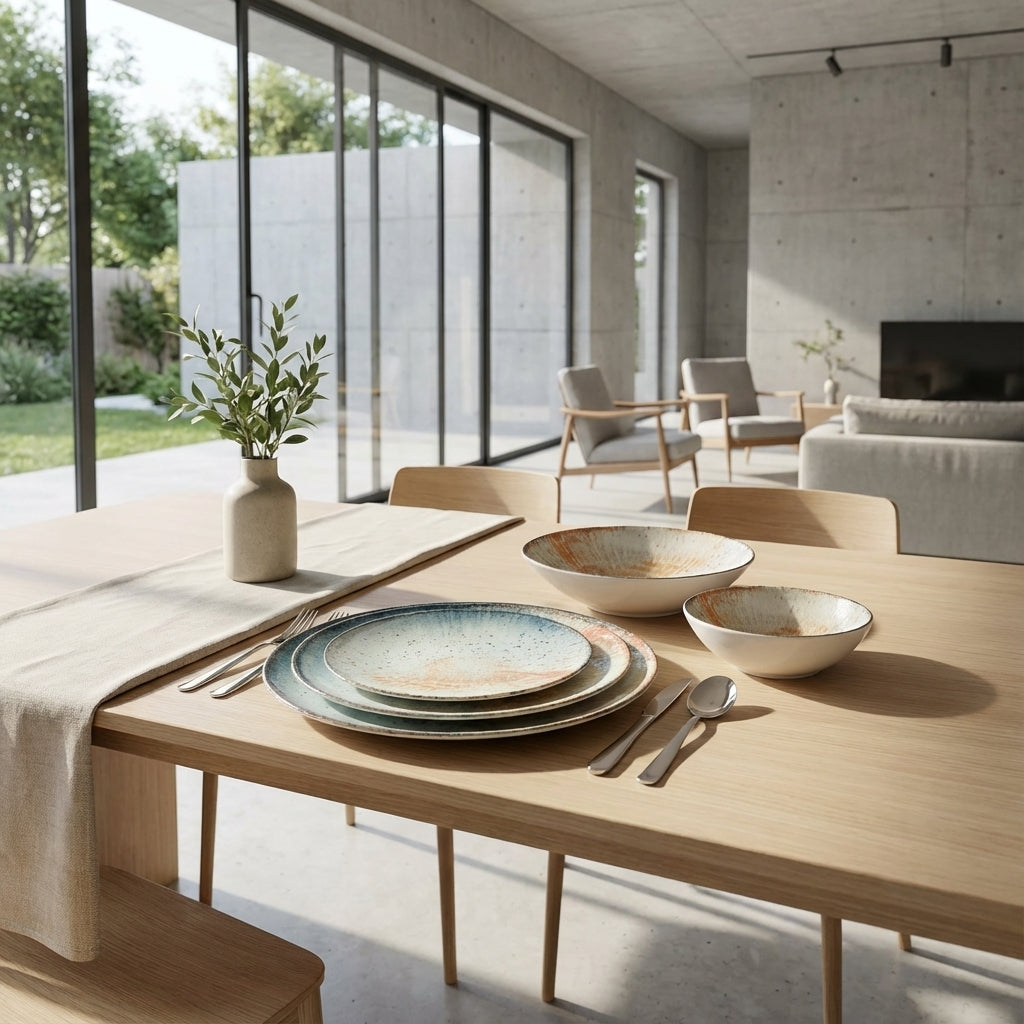 Dining table set with ceramic plates and bowls in a modern living room.