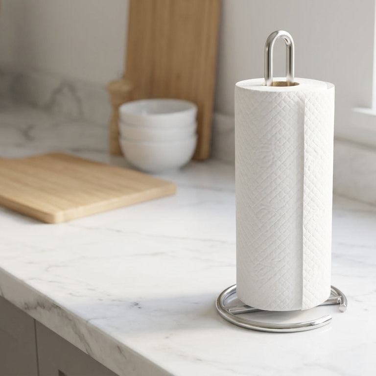 A roll of white paper towels on a silver metal stand, placed on a white marble kitchen countertop near a window.