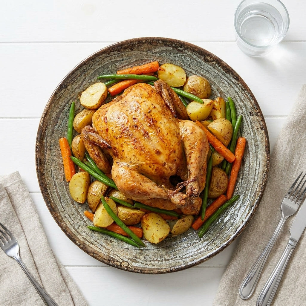 Roasted chicken with vegetables on a ceramic plate with cutlery and a glass of water.