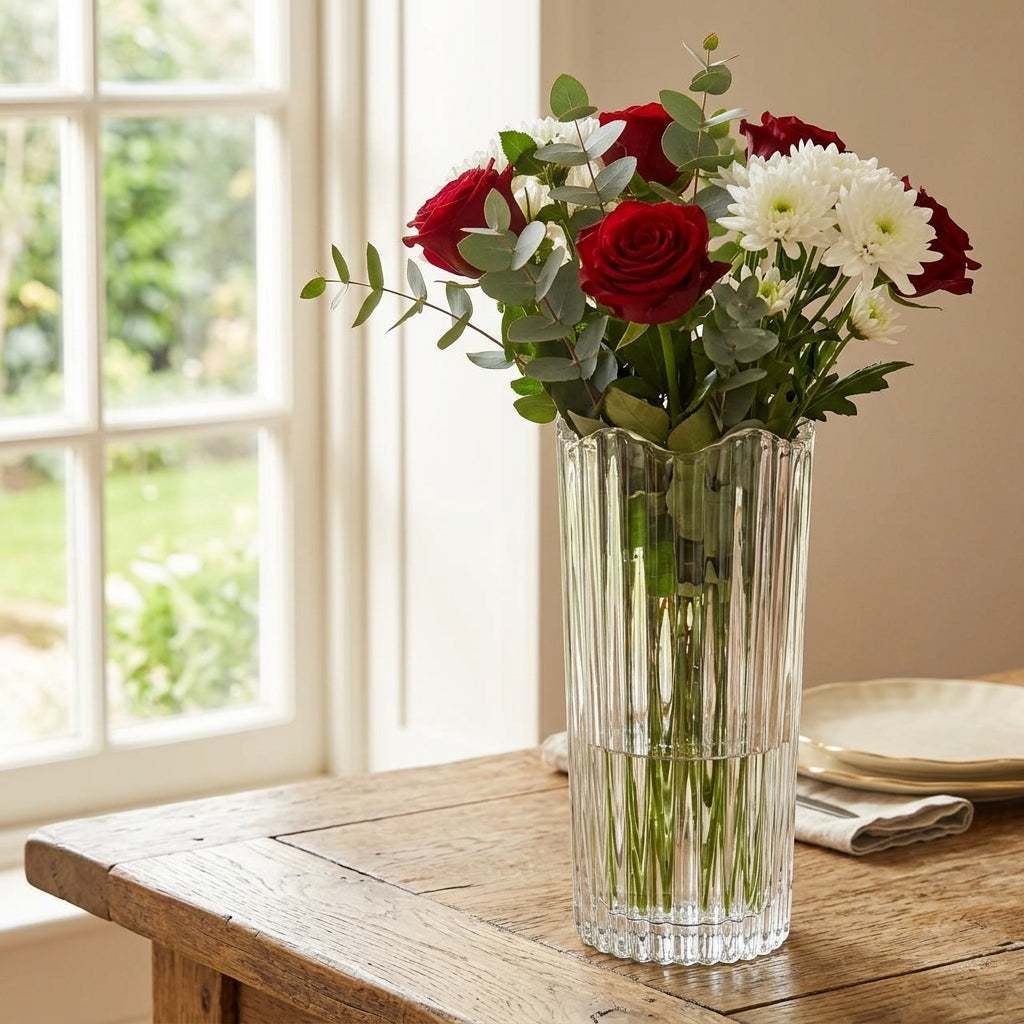A clear ribbed glass vase filled with a bouquet of red roses, white daisies, and green eucalyptus leaves, set on a rustic wooden table in front of a softly lit window.