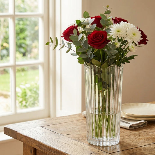 A clear ribbed glass vase filled with a bouquet of red roses, white daisies, and green eucalyptus leaves, set on a rustic wooden table in front of a softly lit window.