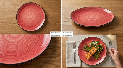 A 4-panel collage showing a round ceramic plate in coral pink with a black rim. The top-left panel shows the plate's spiral pattern from above.
