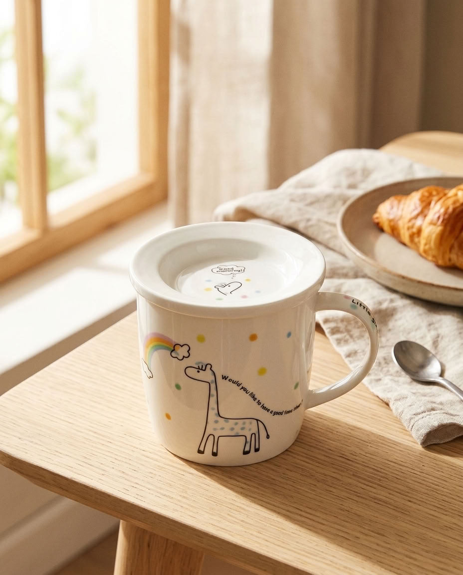 A white ceramic mug with a matching lid sits on a wooden table in a bright, sunlit room. The mug is decorated with a cute cartoon giraffe, a small rainbow, and tiny colorful dots.