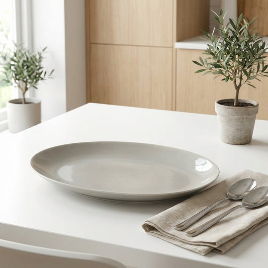Beige ceramic plate on a white surface with a beige napkin and silverware, set against a neutral background.