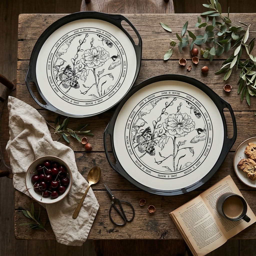 Two-piece black serving tray set – overhead view