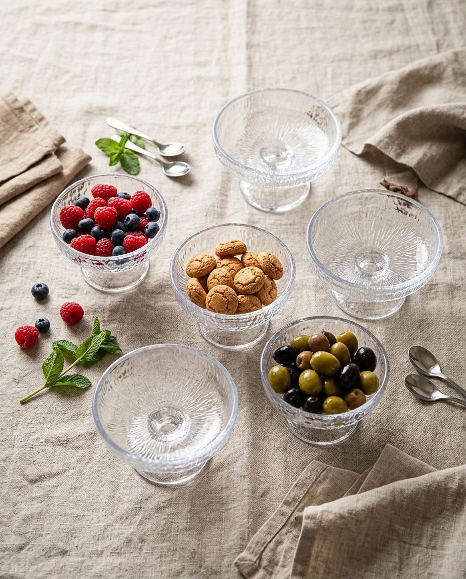 Set of clear glass dessert coupes used for serving berries, biscuits and olives
