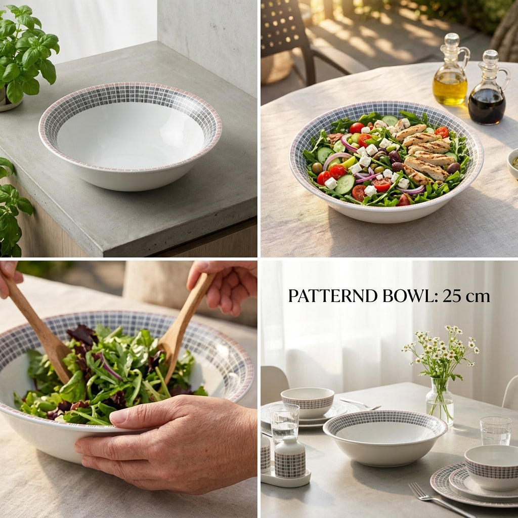 Collage of a patterned bowl with salad and people using it, on a table with a plant and glasses.