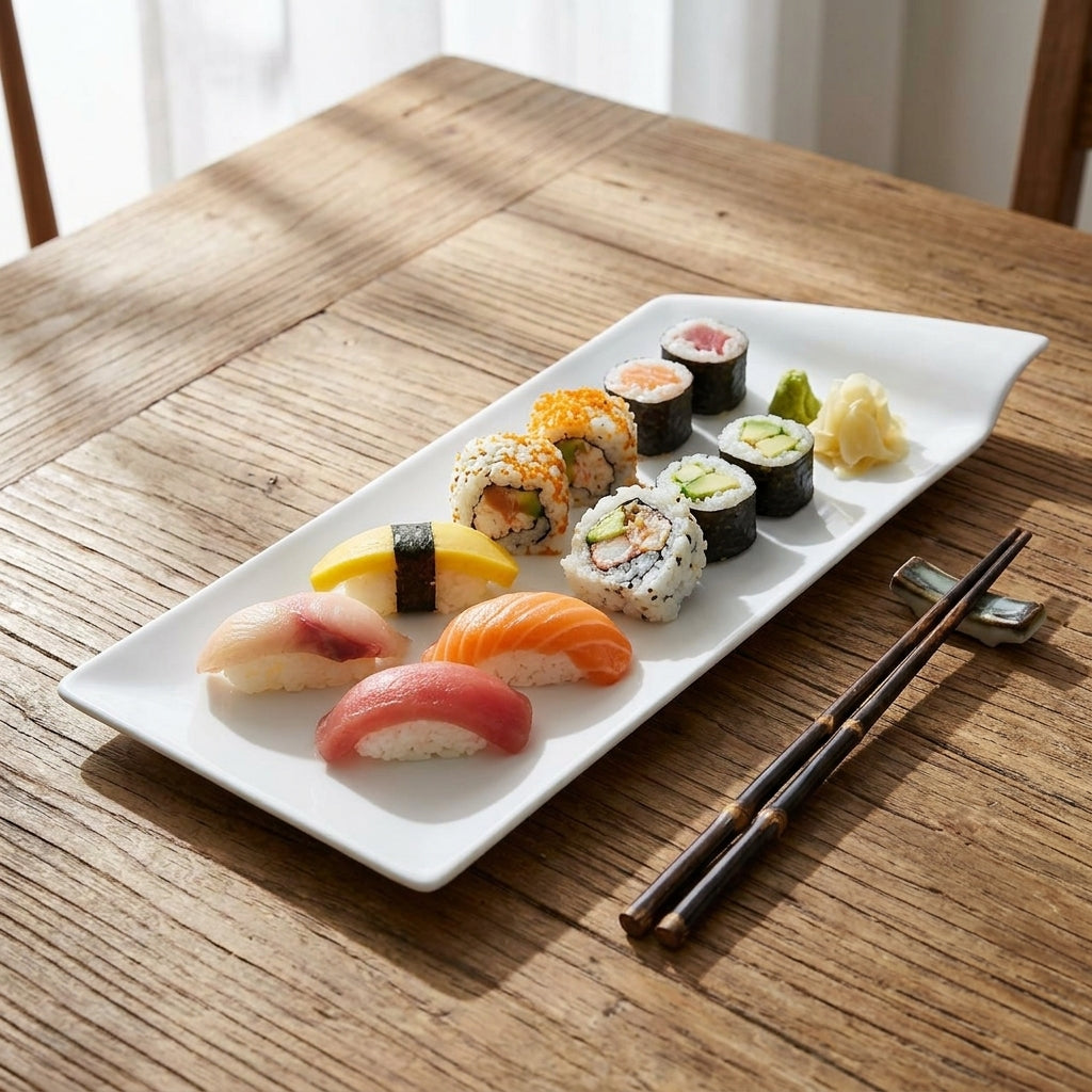 Assorted sushi on a white plate with chopsticks on a wooden table