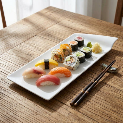 Assorted sushi on a white plate with chopsticks on a wooden table