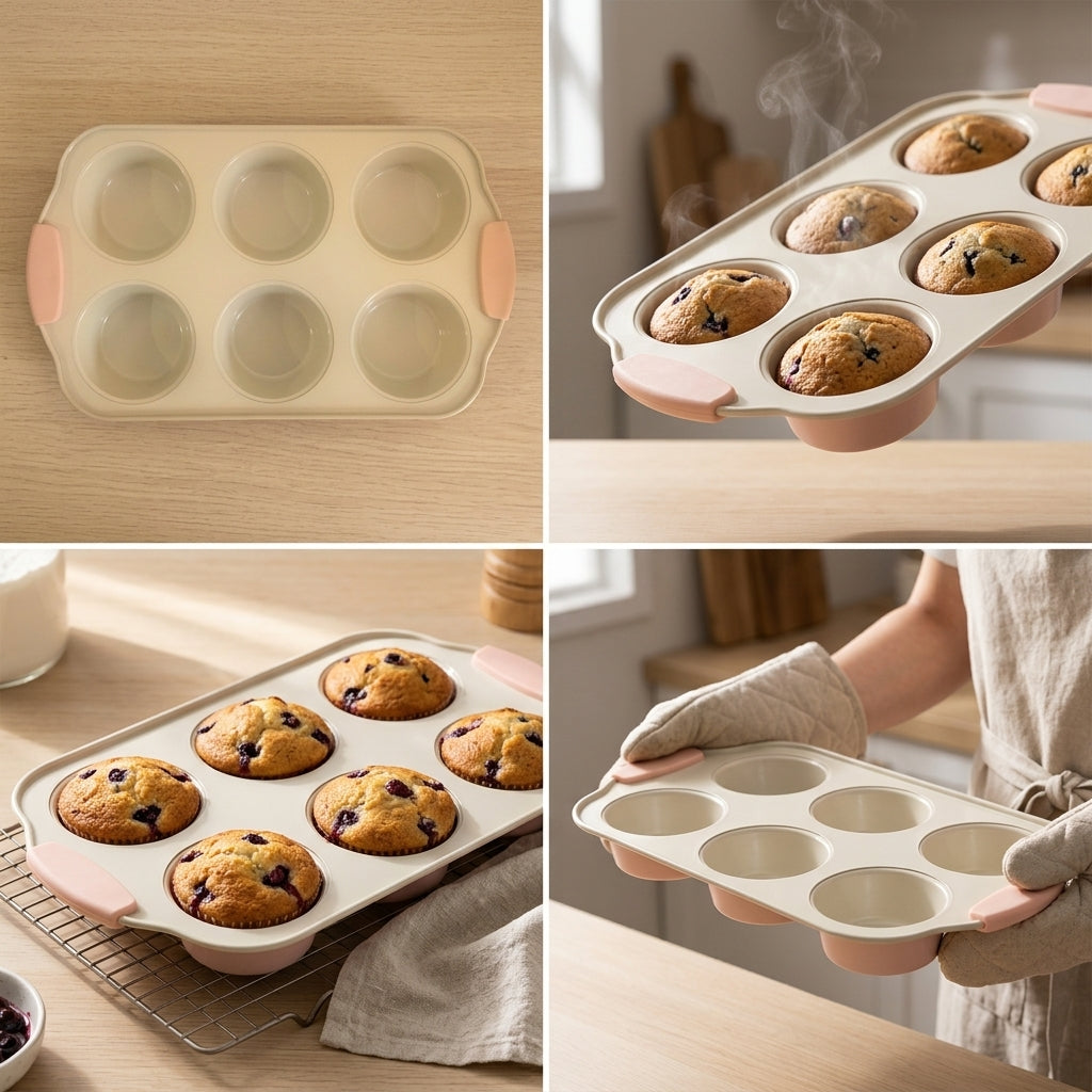 A 6-cup silicone baking muffin tray shown in a four-panel collage: empty on a wooden surface, filled with muffins and steam rising, with baked muffins beside it, and a person in a kitchen holding the tray with oven mitts.