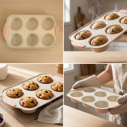 A 6-cup silicone baking muffin tray shown in a four-panel collage: empty on a wooden surface, filled with muffins and steam rising, with baked muffins beside it, and a person in a kitchen holding the tray with oven mitts.