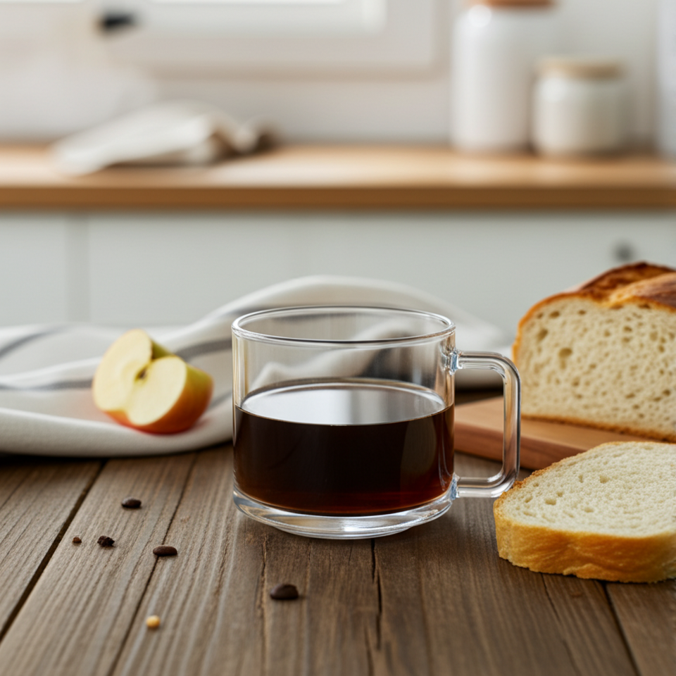 Clear glass mug with dark liquid on a wooden table with bread and apples.