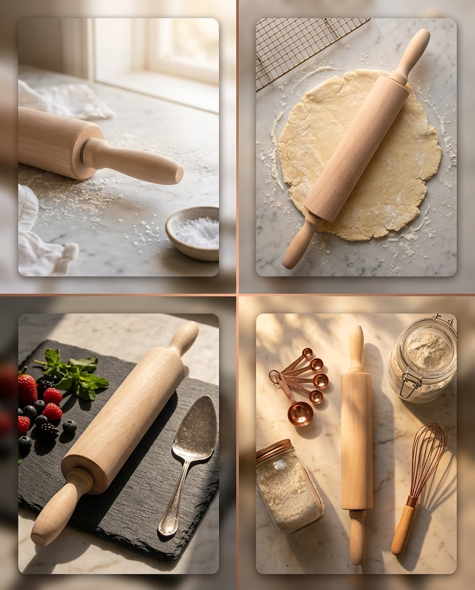A four-panel collage showing a light natural wood rolling pin in different baking and kitchen styling contexts: on a marble surface with flour, rolling out dough, on a slate board with berries and a pie server, and next to measuring cups, flour jars, and a whisk.