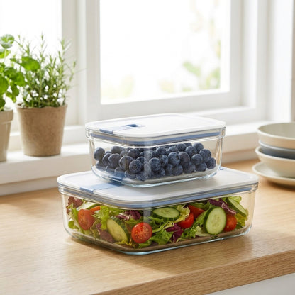 Two stacked clear glass food storage containers with white lids sit on a wooden countertop near a bright window. The bottom container holds a salad with cucumber, tomato, and greens, and the top container holds blueberries.