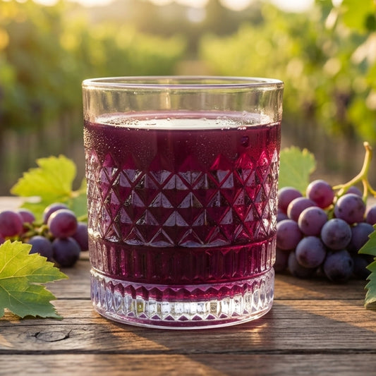 Glass of red juice on a wooden table with grapes and vineyard in the background