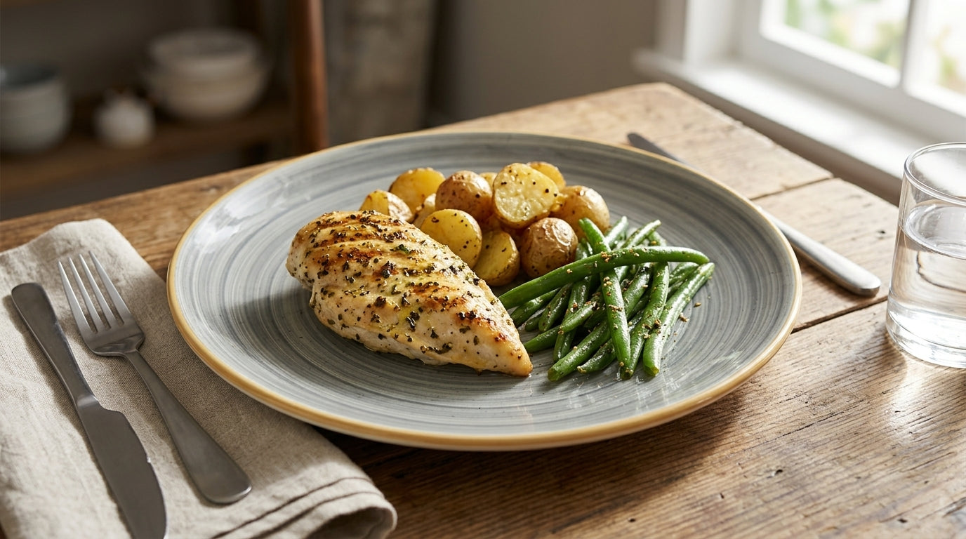 A plated meal on a rustic wooden table, featuring a grilled chicken breast, roasted potatoes, and green beans on a gray ceramic plate with a gold rim. A folded napkin with a fork and knife sits to the left, and a glass of water is on the right.