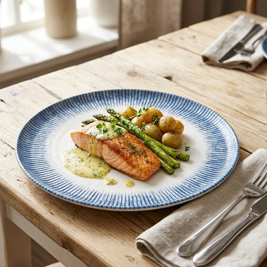 A round white plate with a blue ribbed rim, styled on a rustic wooden table with a salmon fillet, asparagus, potatoes, and a green sauce, alongside a folded beige napkin and silver fork and knife.