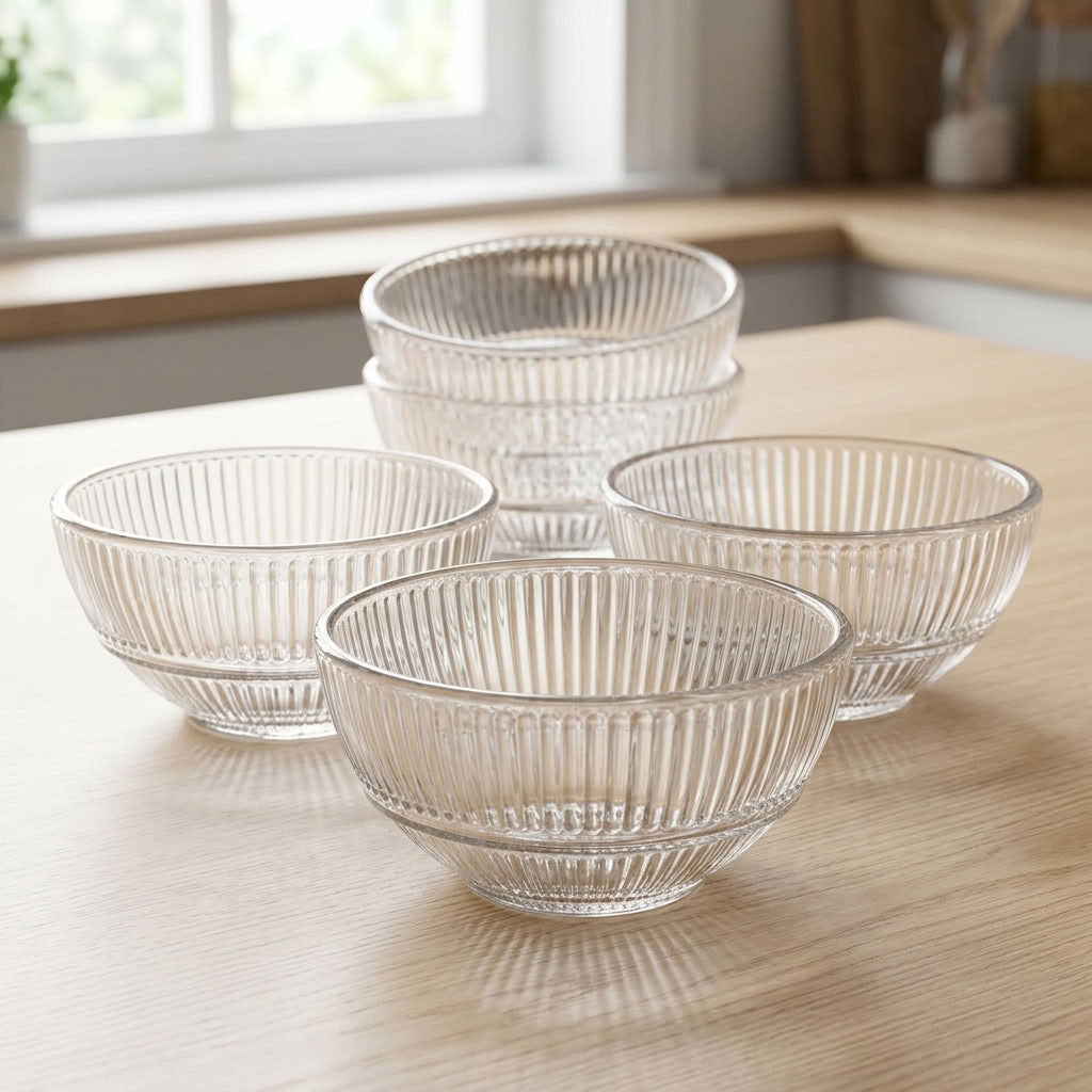 Set of 6 Fluted Lime Glass Bowls – 15 cm – Bowls  for Everyday Dining- Serving 6 People