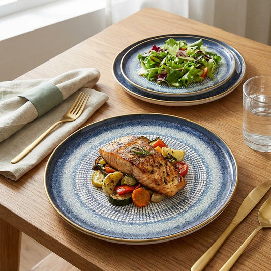 Dinner setting with plates of food on a wooden table