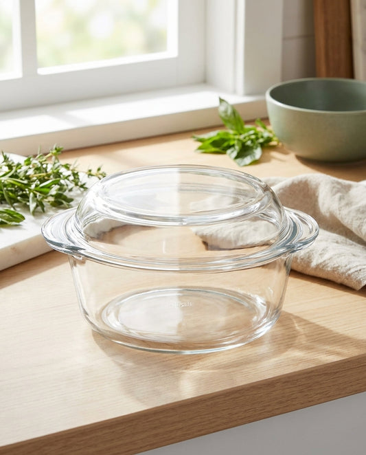 Bakroast Round Glass Casserole with Multi-Use Lid | Borosilicate Cookware | Made in Turkey