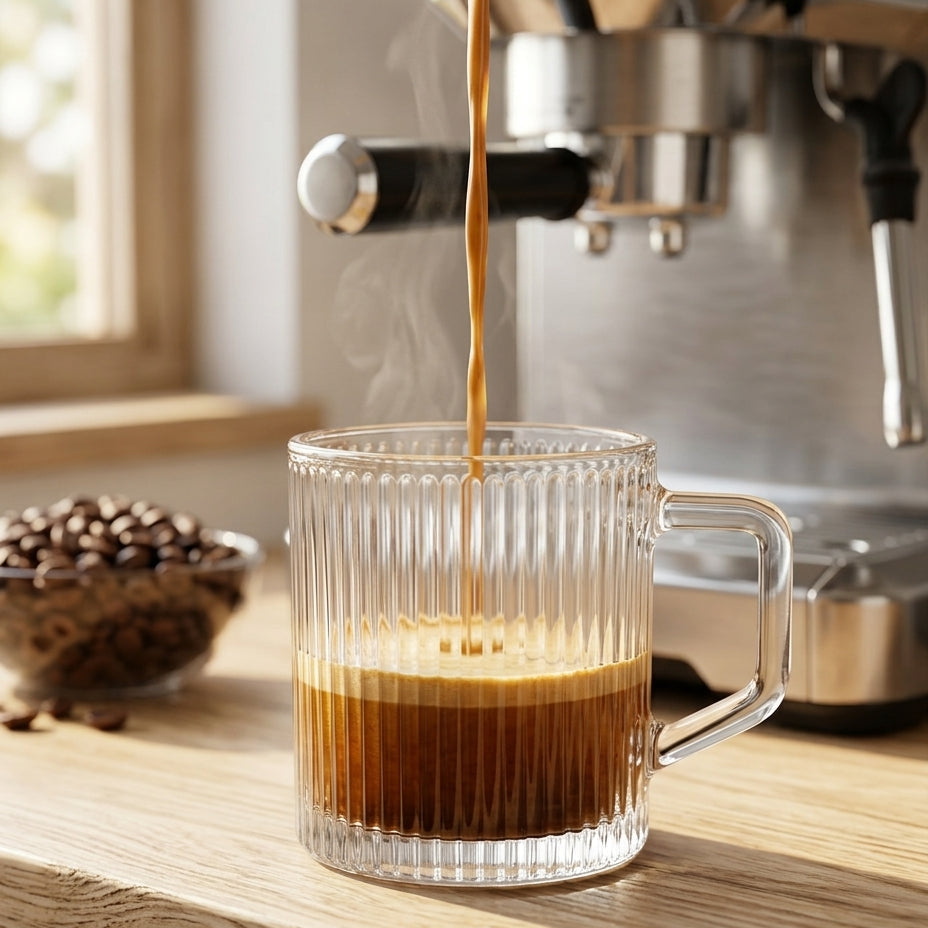 A clear ribbed glass mug with a handle sits on a wooden countertop, receiving a stream of espresso from a stainless steel espresso machine. A small bowl of coffee beans rests nearby, with steam rising from the mug.