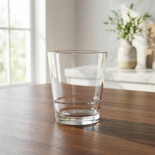 Clear glass on a wooden table with a blurred background