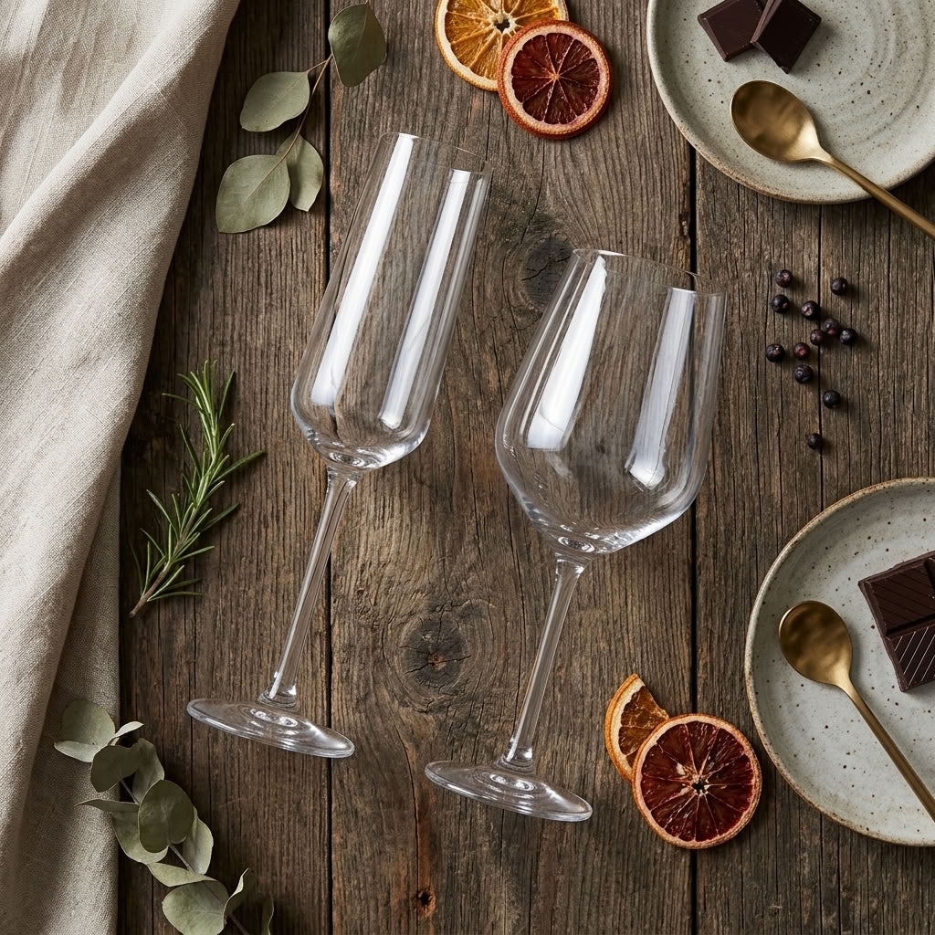 Set of 12 clear glassware: champagne flutes and wine glasses