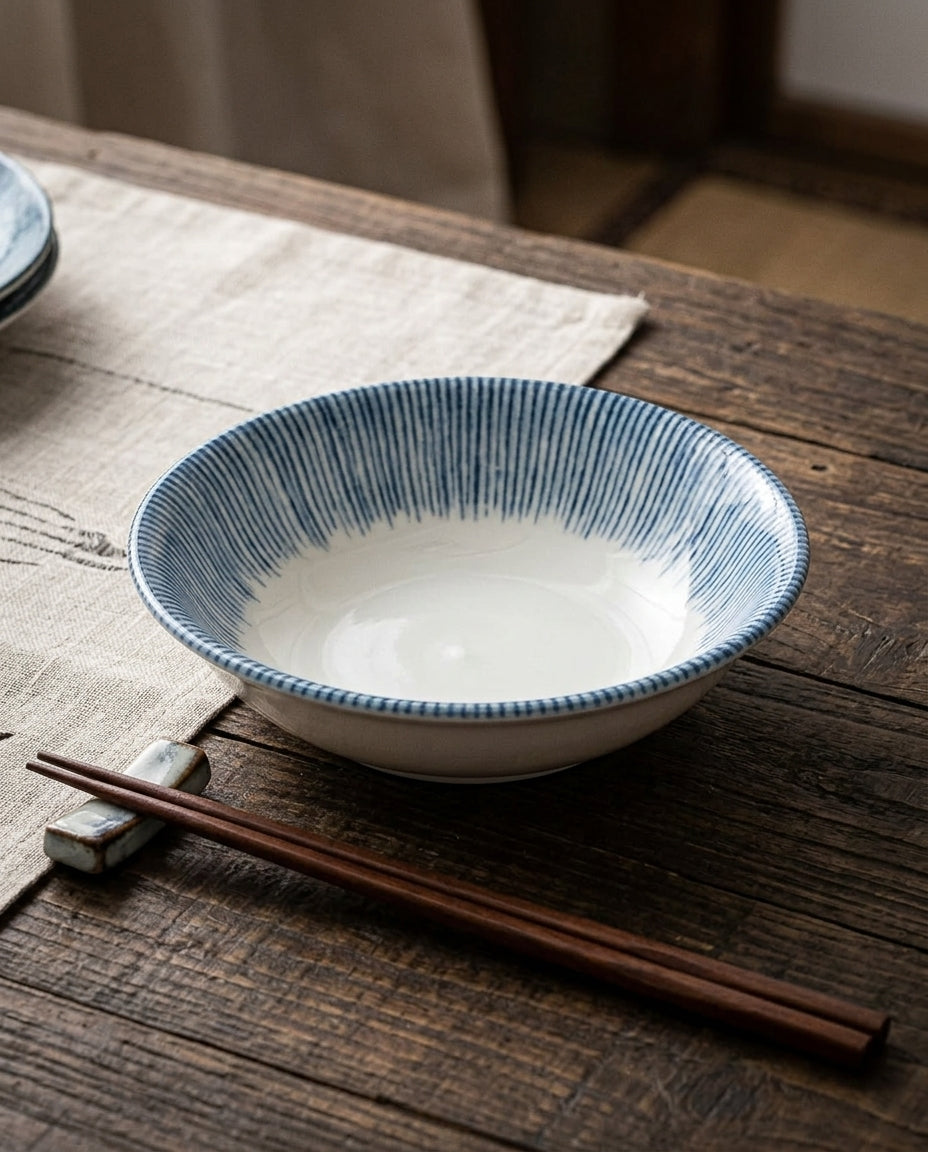 A ceramic bowl with a white interior and a blue-gray vertically ribbed rim, shown on a rustic wooden table with chopsticks resting across the foreground.