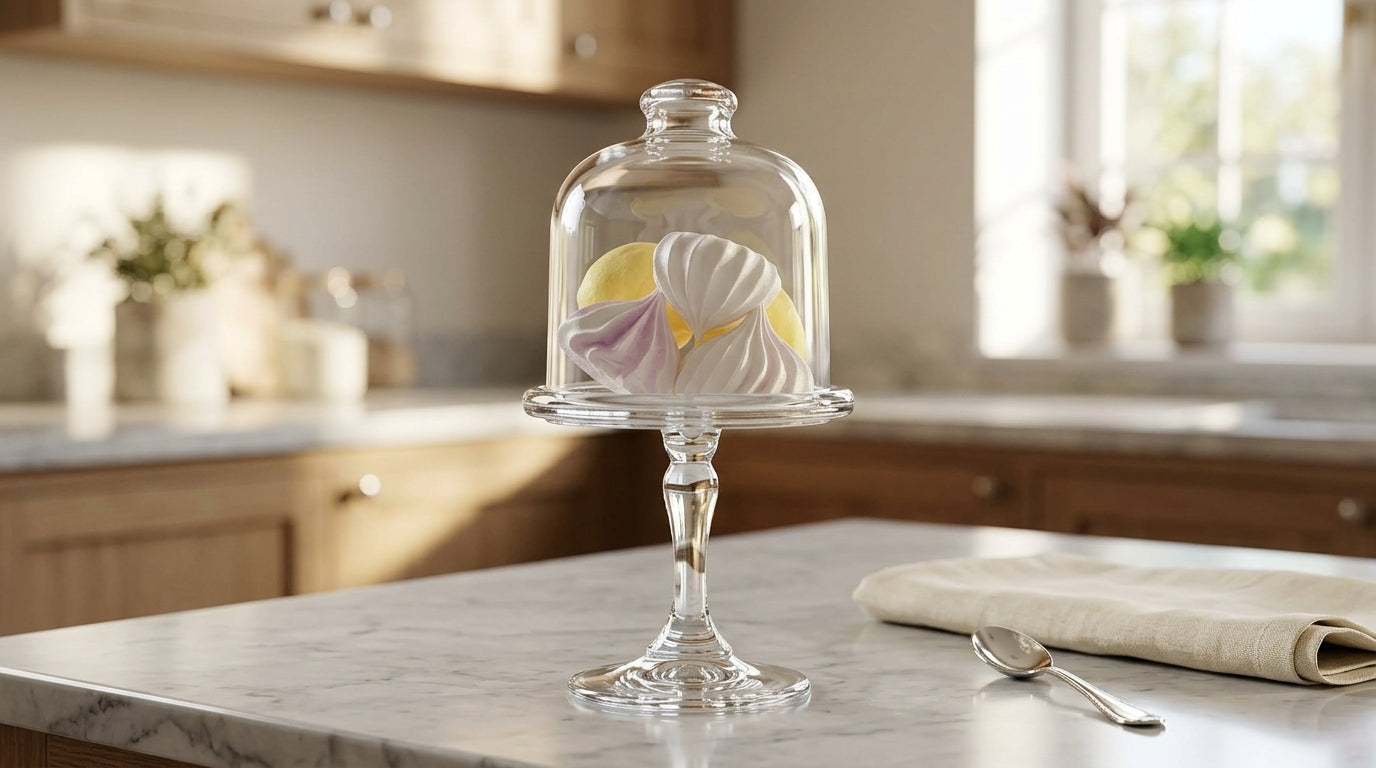 Decorative glass cloche with pastries on a kitchen counter