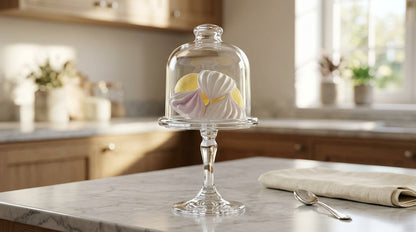 Decorative glass cloche with pastries on a kitchen counter