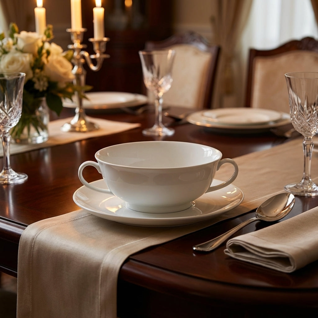 Dining table set with a white bowl, plates, and glasses in a warm-lit room.