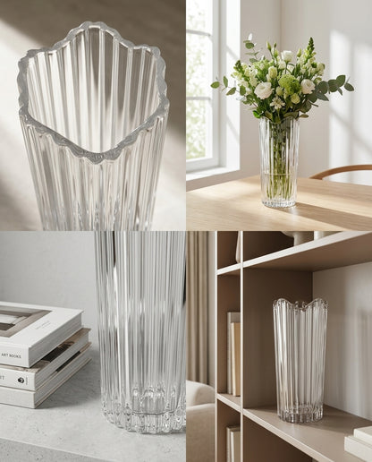 A clear ribbed glass vase shown in four lifestyle settings: close-up detail, on a wooden table with flowers, on a shelf, and standing on a tabletop beside stacked books.