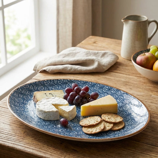 Blue ceramic plate with cheese, grapes, and crackers on a wooden table.
