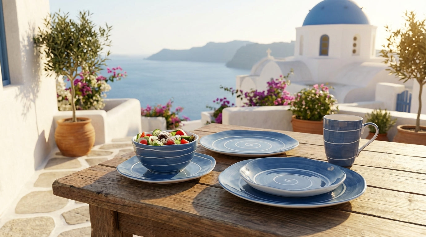 Table setting with blue ceramic dishes and a cup on a wooden table in a scenic location with ocean and white buildings.