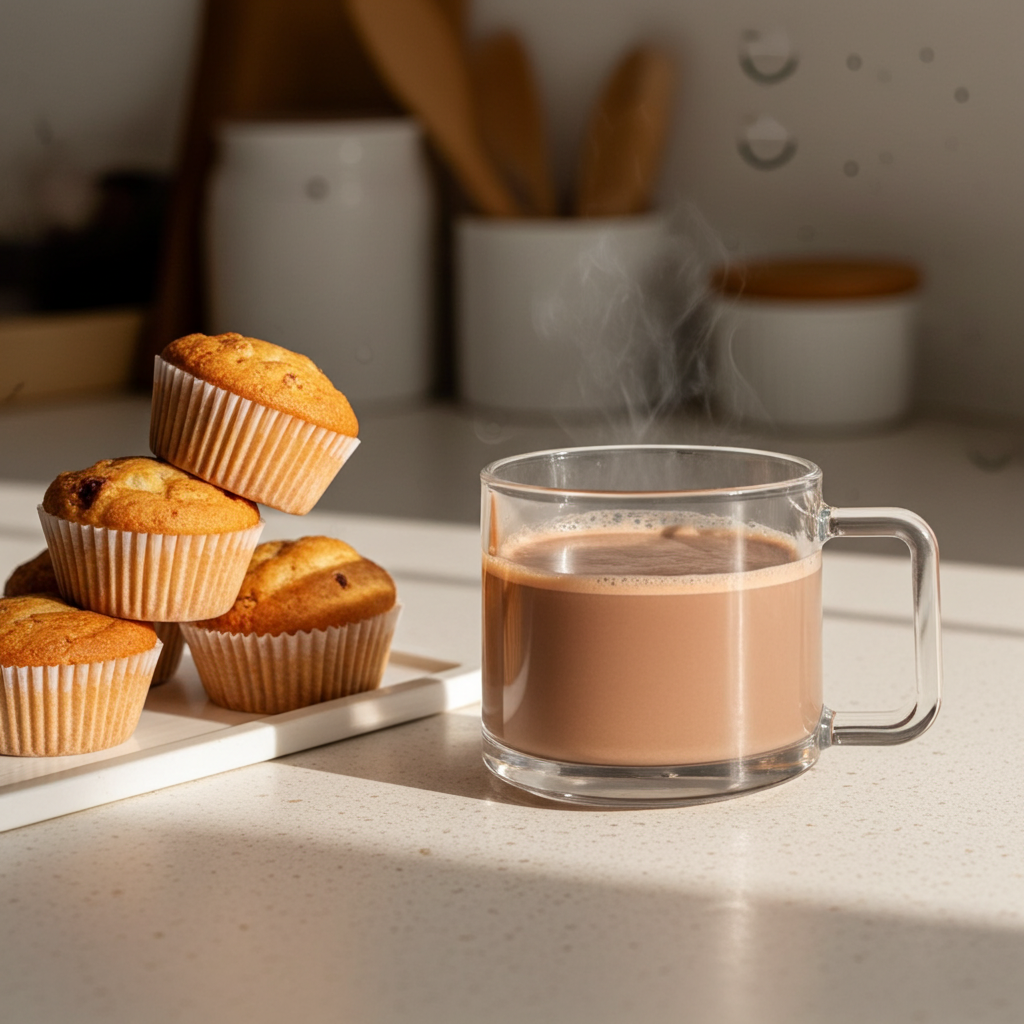 Clear mug of steaming hot chocolate on a kitchen counter with muffins in the background