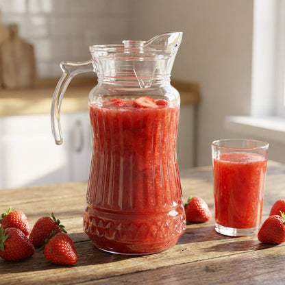 Pitcher and glass of strawberry juice on a wooden table with strawberries in a kitchen setting