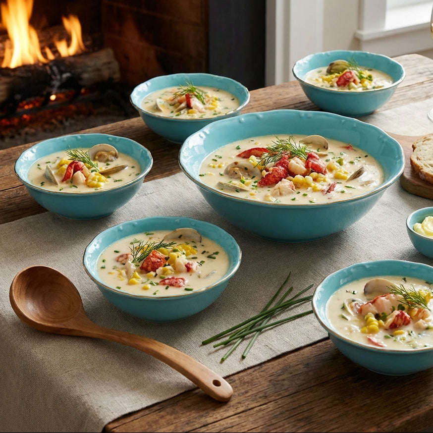 Multiple bowls of soup on a wooden table with a fireplace in the background