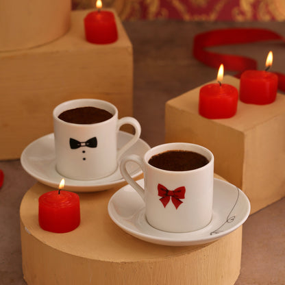Lovu Coffee Set for Couples - Bride & Groom Porcelain Mugs with Saucers - Anniversary & Wedding Gift
