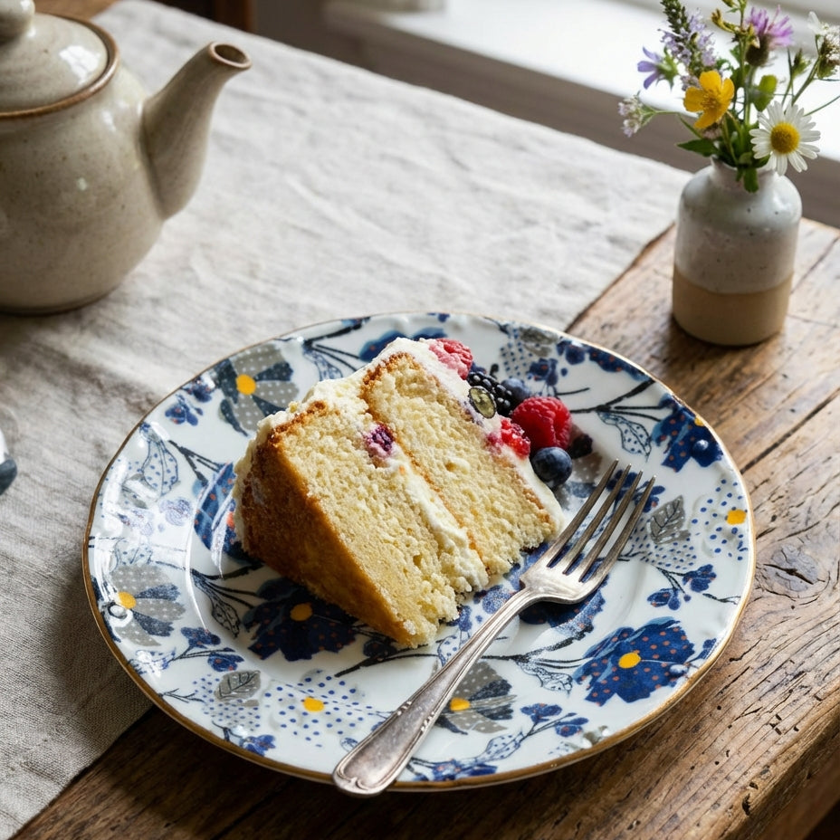 Slice of cake on a floral plate with a teapot and vase in the background