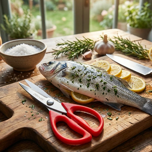 Raw fish on a wooden cutting board with lemon slices, herbs, and a scissor in a kitchen setting.