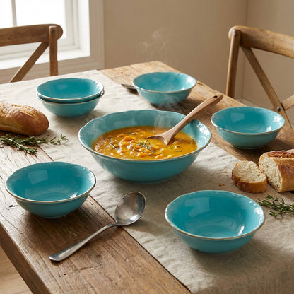 Blue ceramic bowls with soup on a wooden table
