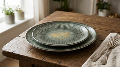 Two stacked textured ceramic plates in a muted sage green color with a yellow-gold center medallion, set on a rustic wooden table next to a folded linen napkin and silver fork.